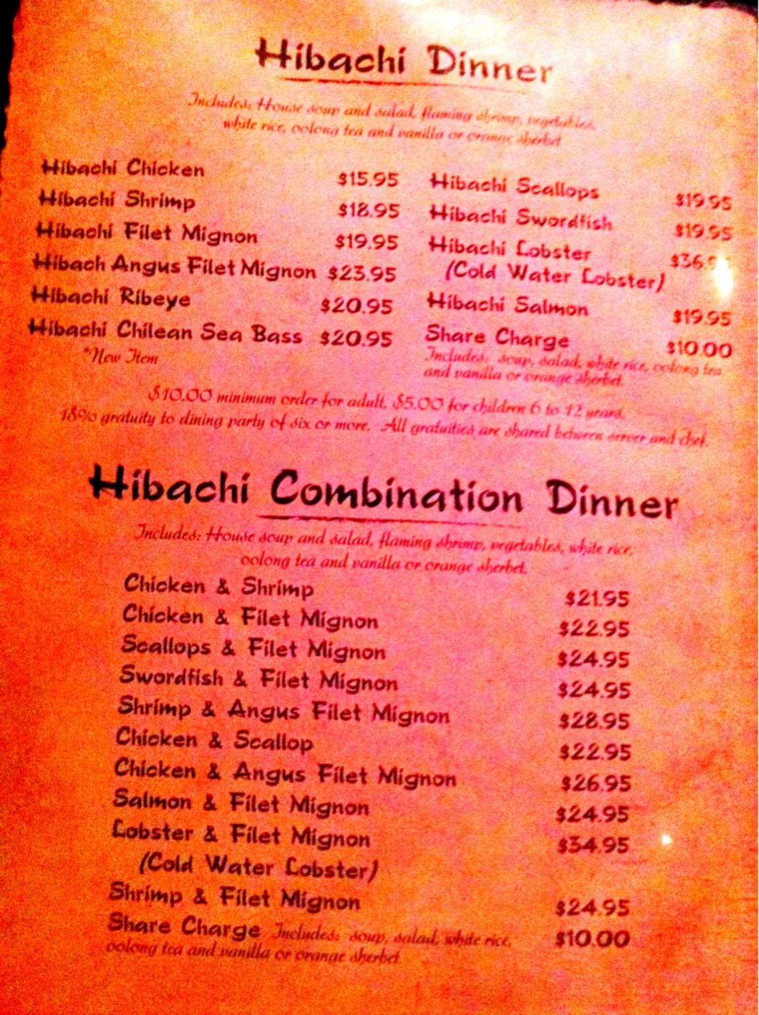 Menu at Nakashima of Japan restaurant, Appleton