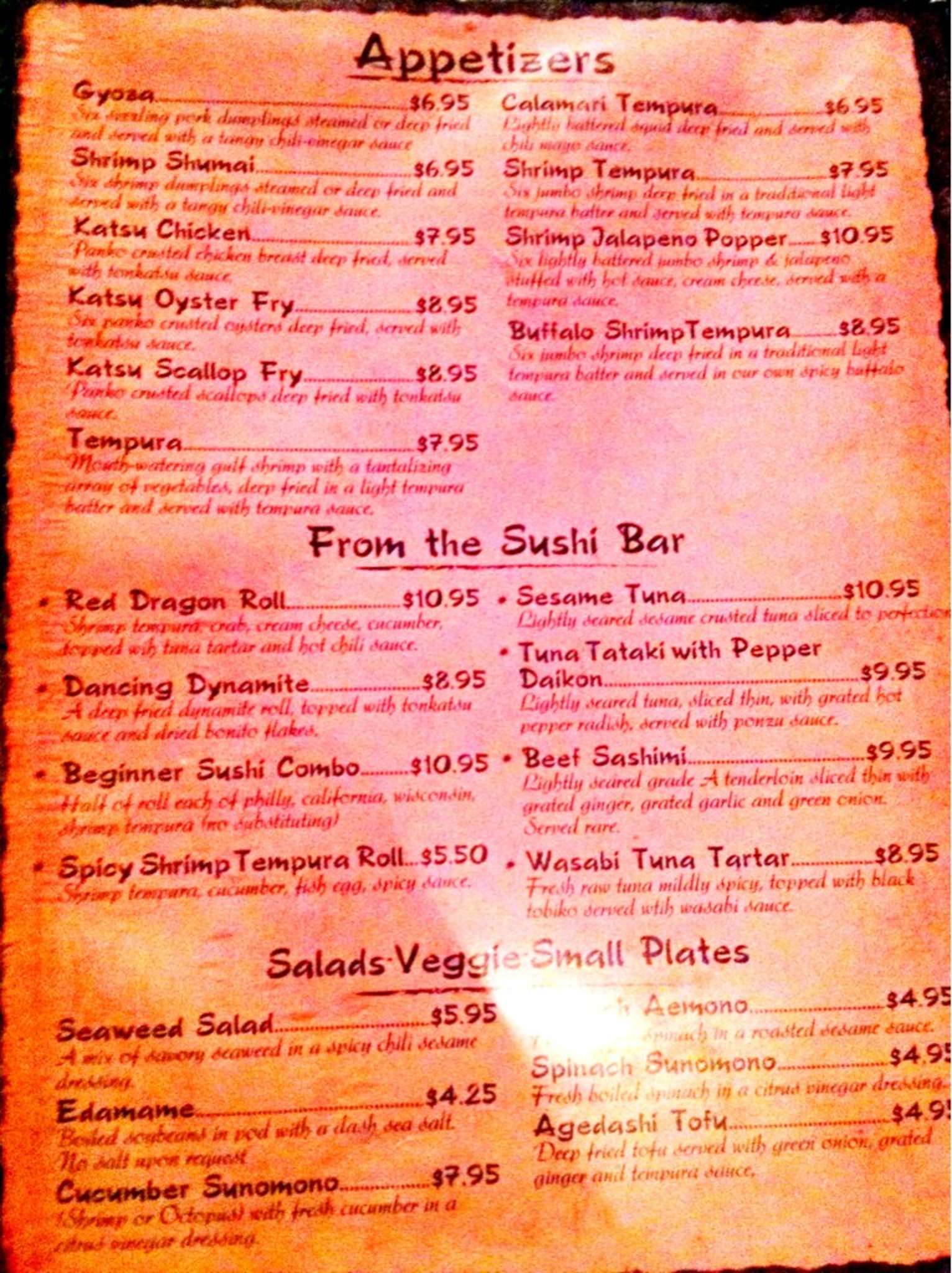 Menu at Nakashima of Japan restaurant, Appleton