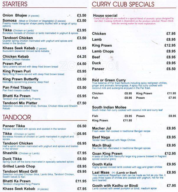 Beckenham Curry Club Menu, Menu for Beckenham Curry Club, Beckenham ...