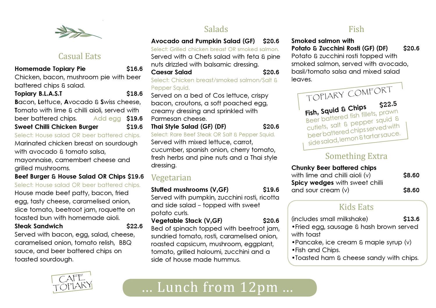 Menu at Cafe Topiary, Epping