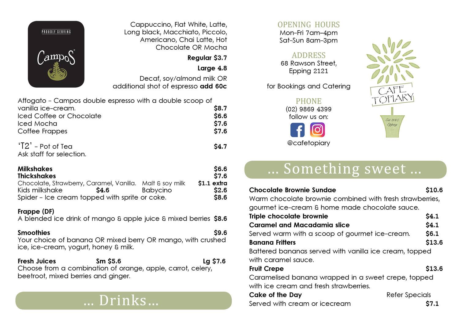 Menu at Cafe Topiary, Epping