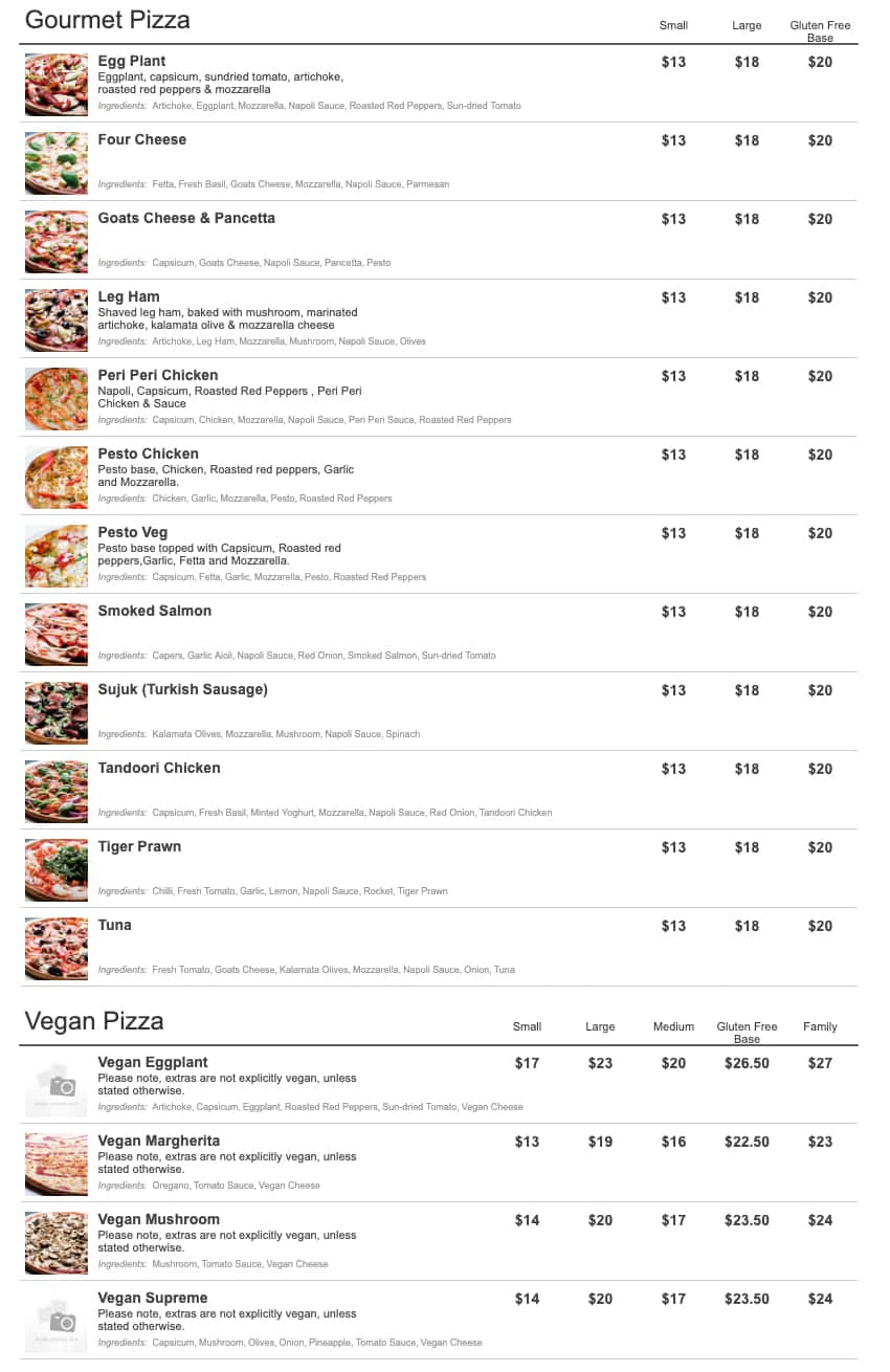 Menu at The Pizza Bar, Ascot Vale