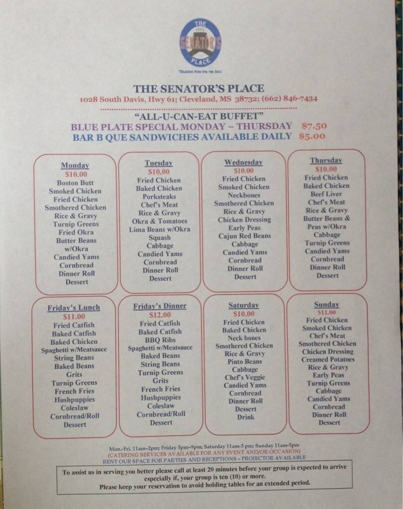 Menu at The Senator's Place restaurant, Cleveland