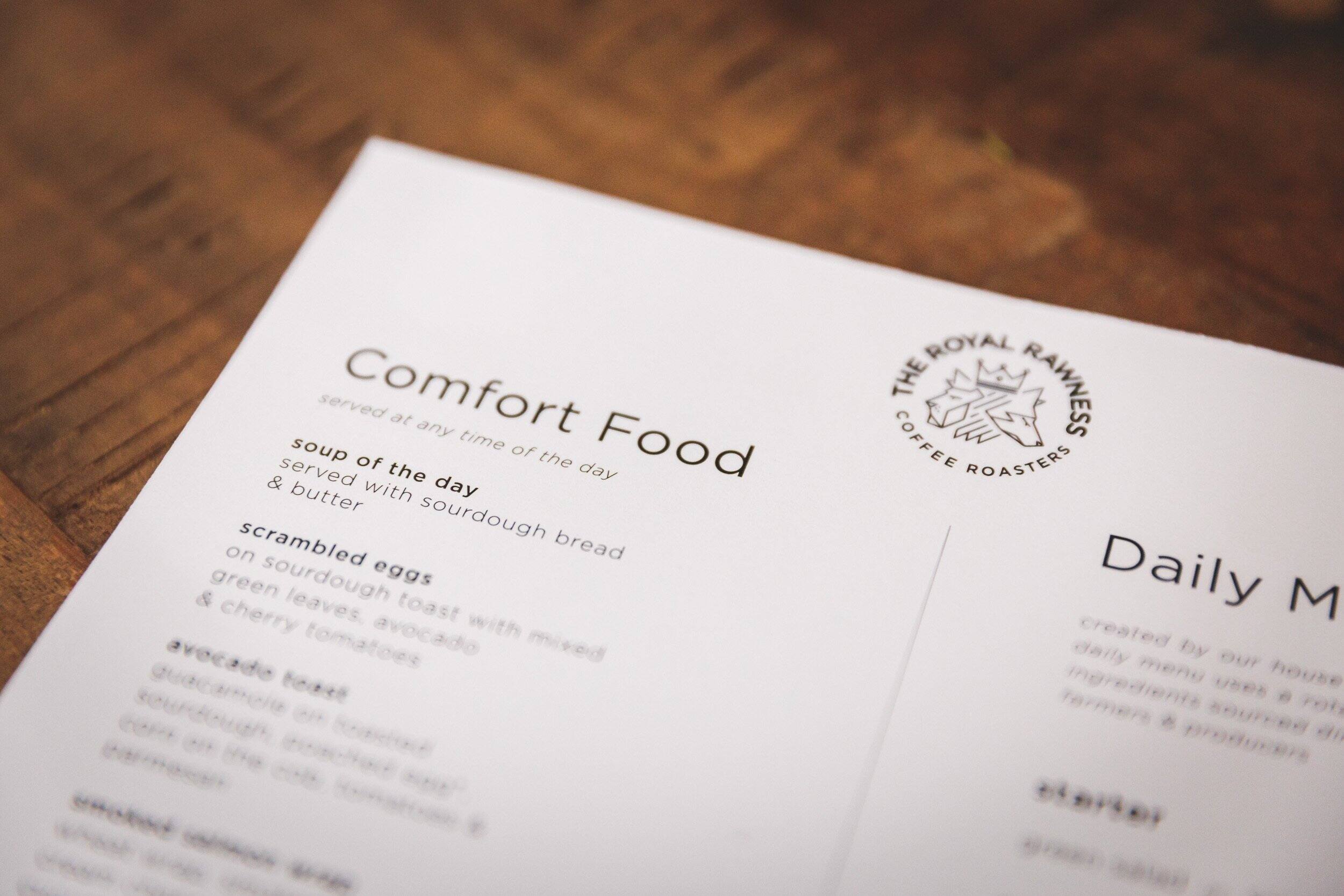 Menu at The Royal Rawness cafe, Lisbon, Praca David Leandro da Silva 2