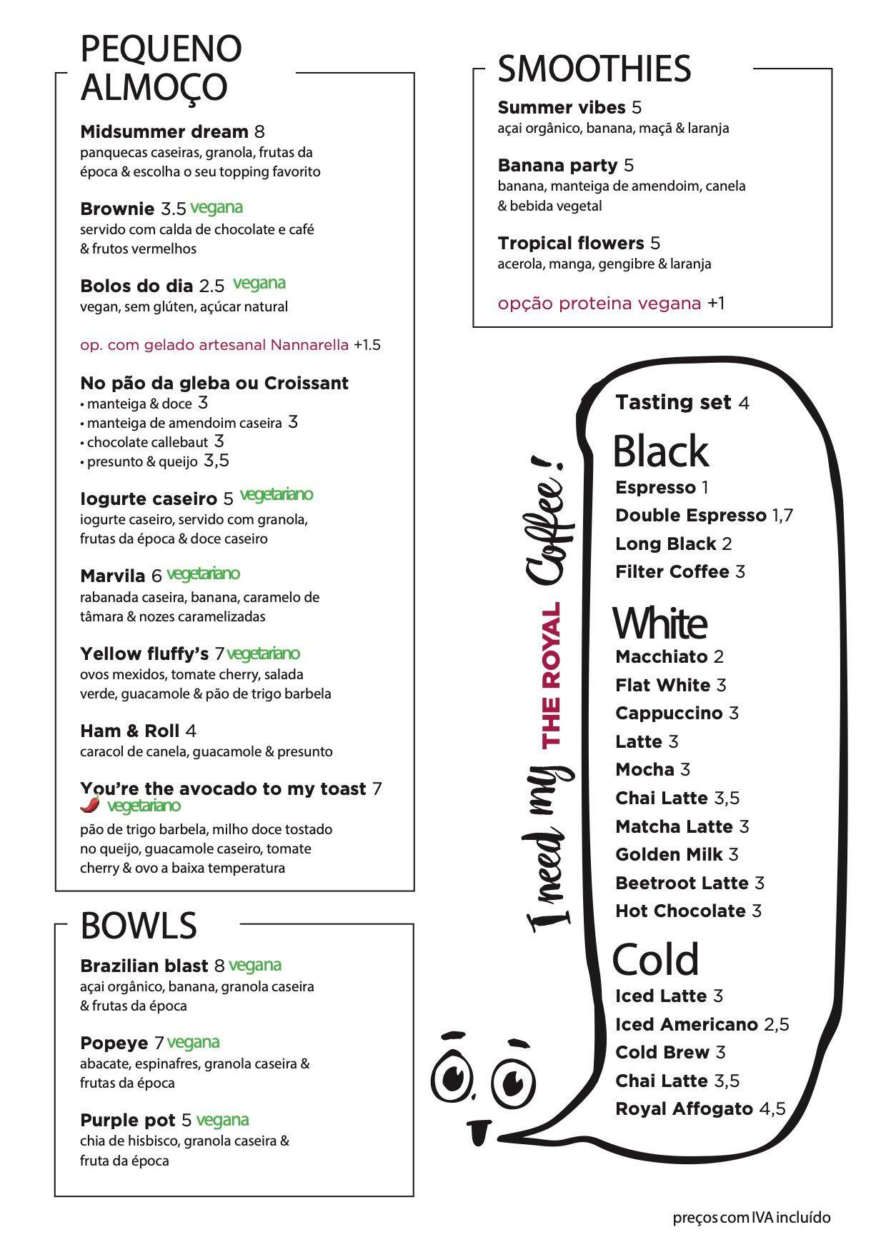 Menu at The Royal Rawness cafe, Lisbon, Praca David Leandro da Silva 2