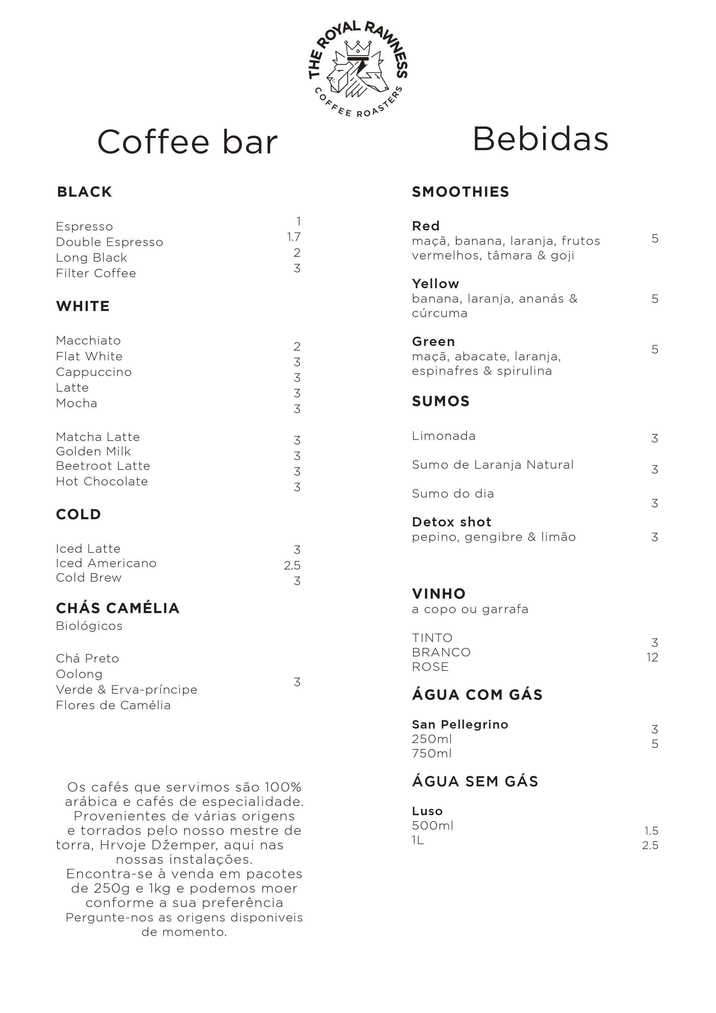 Menu at The Royal Rawness cafe, Lisbon, Praca David Leandro da Silva 2