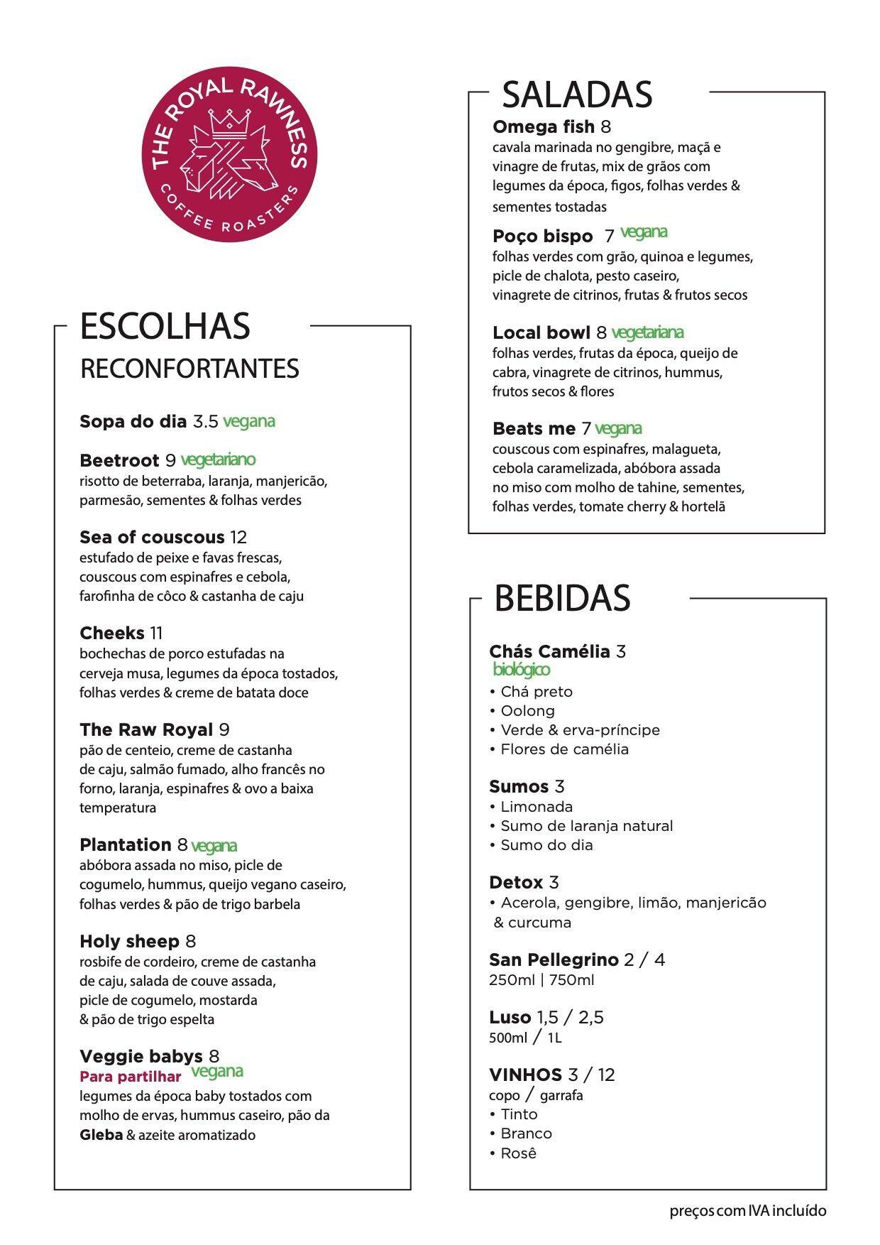 Menu at The Royal Rawness cafe, Lisbon, Praca David Leandro da Silva 2