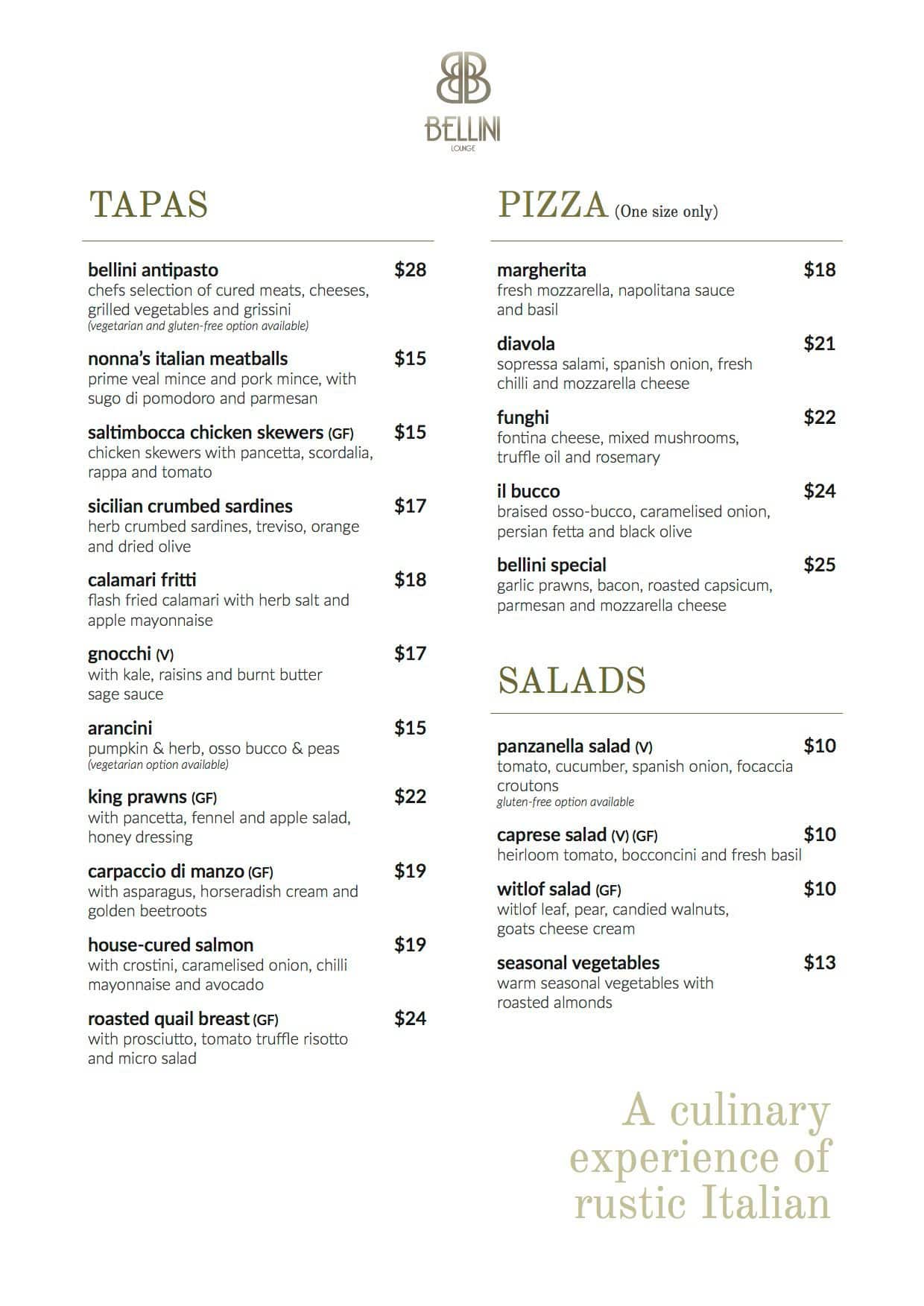 Bellini Lounge Menu, Menu for Bellini Lounge, Potts Point, Sydney ...