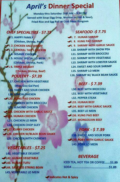 Menu at April's Chinese Restaurant, San Antonio