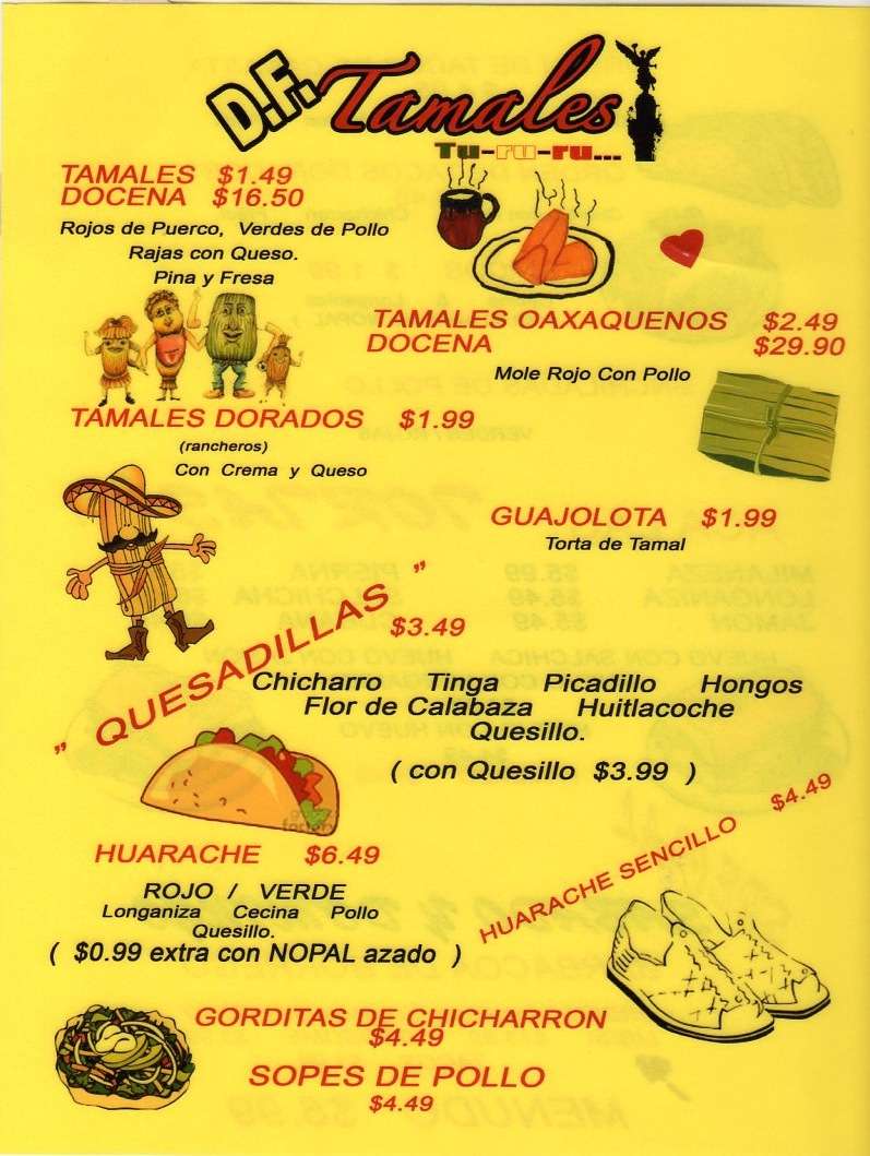 Menu at D.F. Tamales restaurant, Moreno Valley