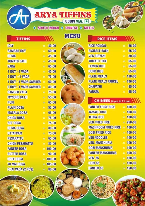Arya Tiffins menu