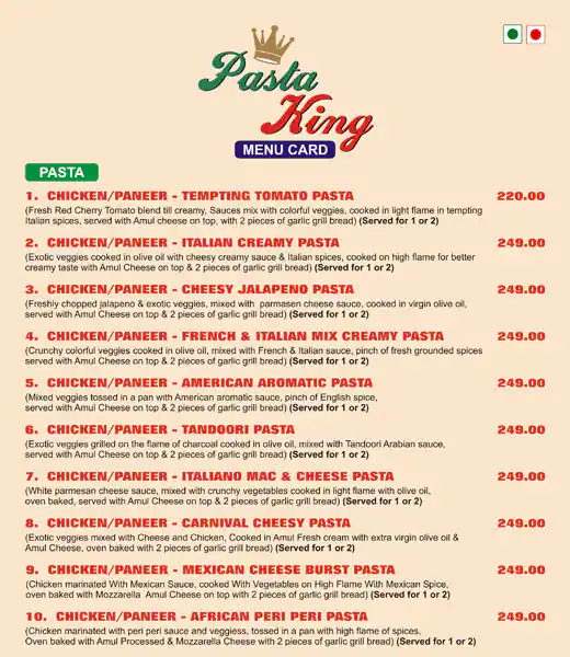 Menu of Pasta King, Mira Road, Mumbai