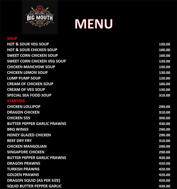 Menu of Big Mouth, Kakkanad, Kochi