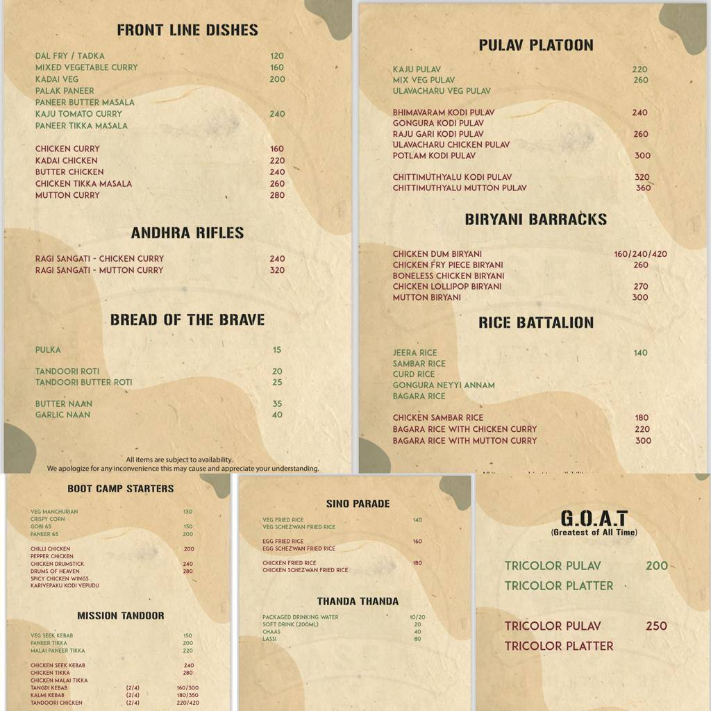 Menu of Base 11 Military, Gachibowli, Hyderabad