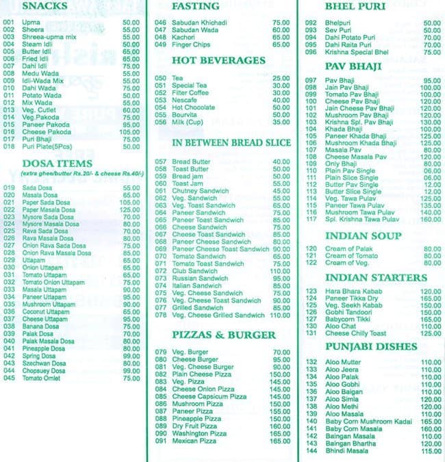 Krishna Pure Veg. Menu, Menu for Krishna Pure Veg., Seawoods, Navi