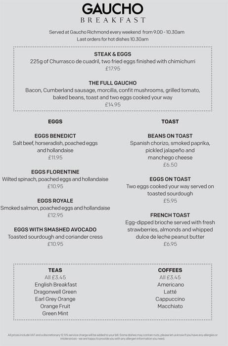 Menu at Gaucho Chancery steakhouse, London