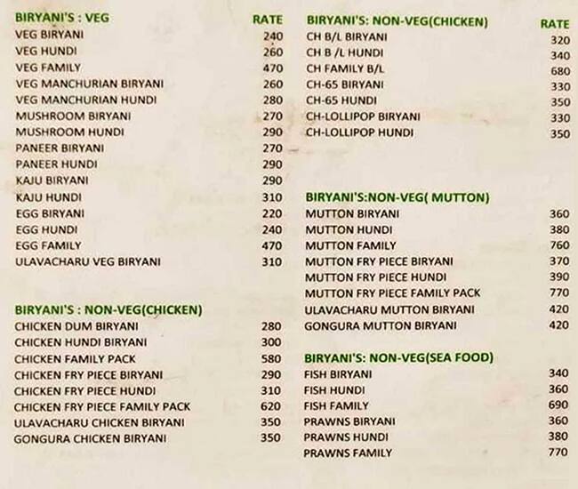 Moghul’s Paradiez Restaurant menu