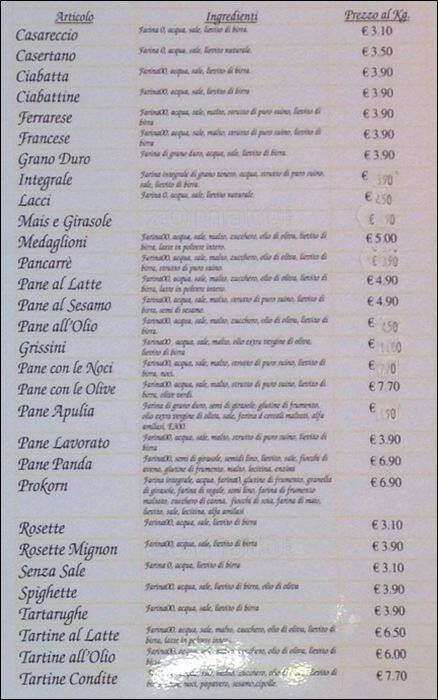 Menu di Fonte del Pane 