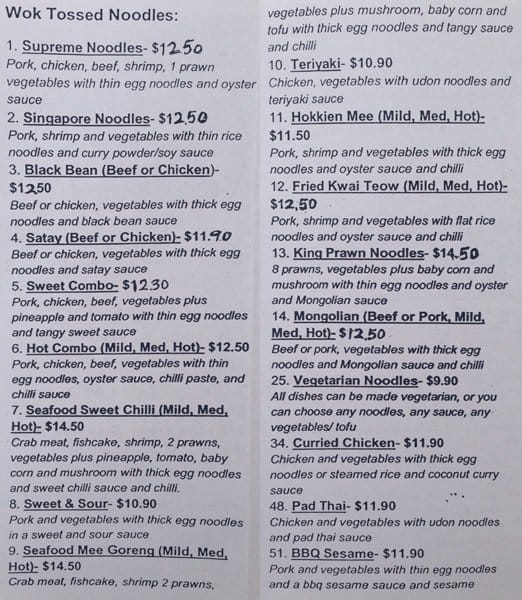 Noodle Lovers Menu, Menu for Noodle Lovers, Bacchus Marsh, Melbourne