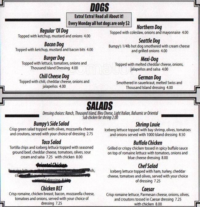 Menu at Bumpy's Tavern pub & bar, Puyallup