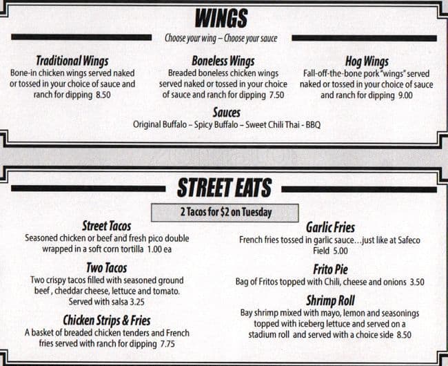 Menu at Bumpy's Tavern pub & bar, Puyallup