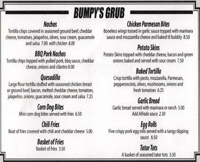 Menu at Bumpy's Tavern pub & bar, Puyallup