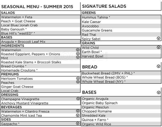Menu at sweetgreen restaurant, Boston, 659 Boylston St
