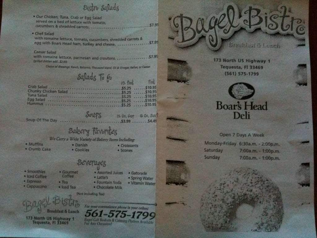 Menu at Bagel Bistro cafe, Tequesta