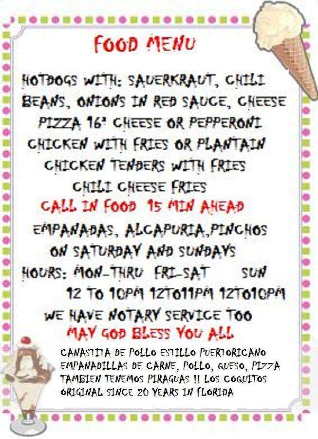 Menu at Los Coquitos Original Tropical Ice Cream desserts, Kissimmee, W