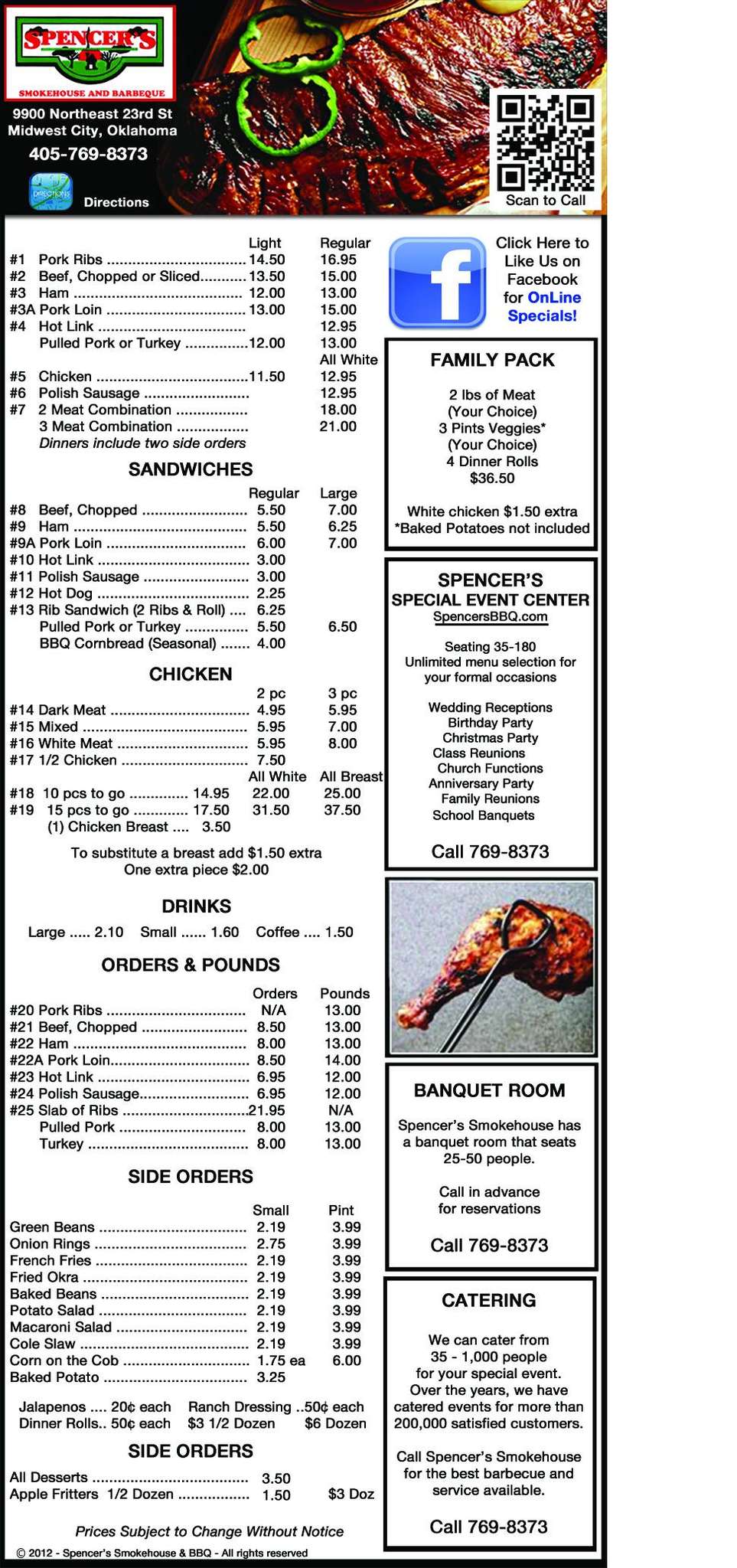 Menu at Spencer's Smokehouse & BBQ, Oklahoma City