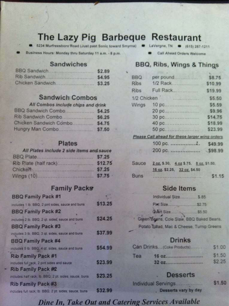 The Lazy Pig BBQ Menu, Menu for The Lazy Pig BBQ, La Vergne, Nashville Urbanspoon/Zomato