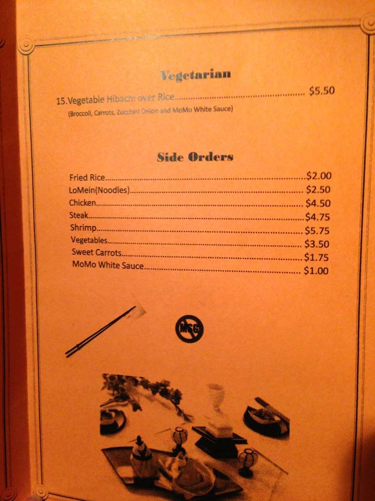 Menu at Mo Mo Hibachi restaurant, SoddyDaisy