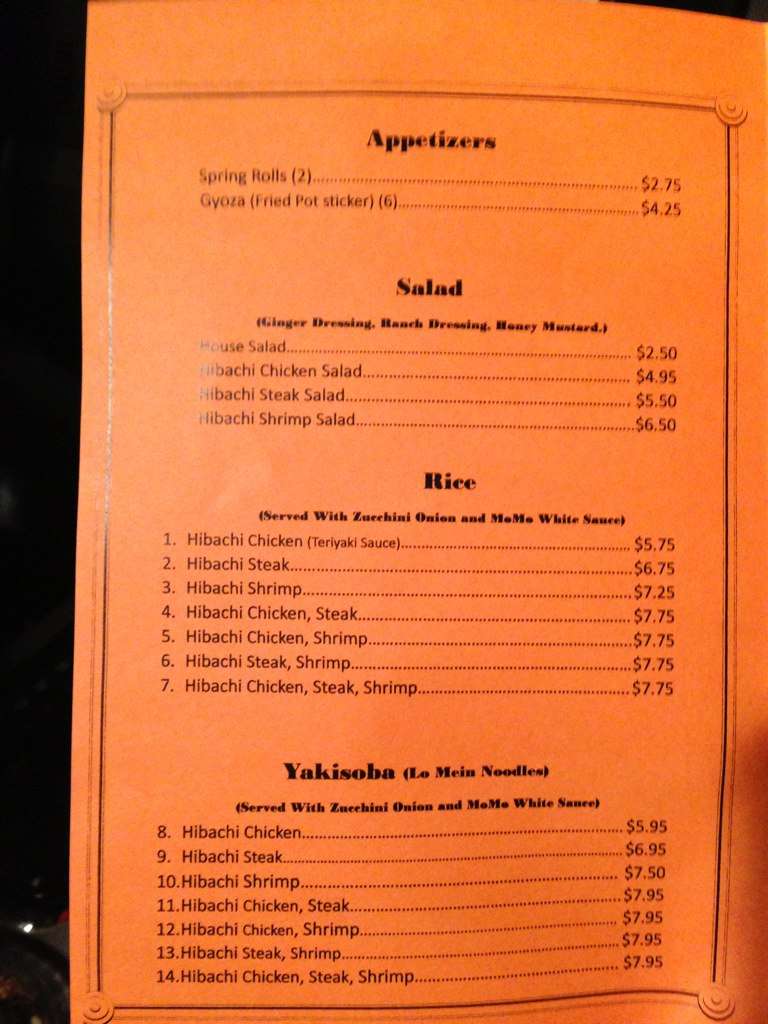 Menu at Mo Mo Hibachi restaurant, SoddyDaisy