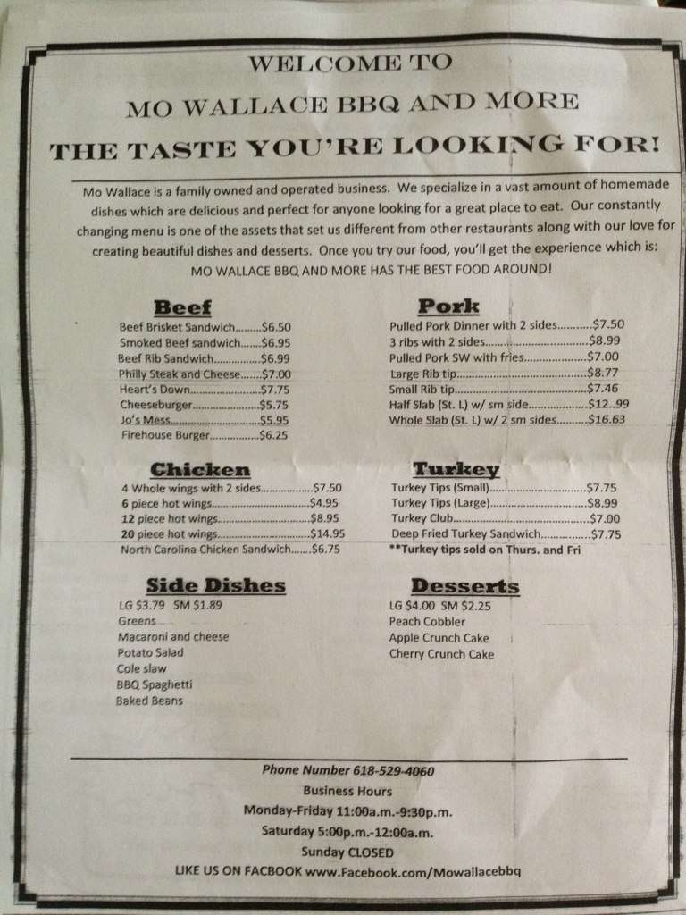 Mo Wallace BBQ Menu, Menu for Mo Wallace BBQ, Carbondale, Carbondale