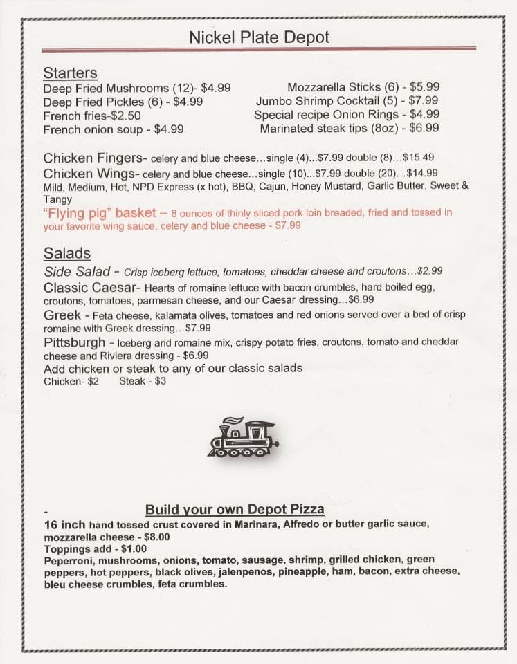 Menu At Nickel Plate Depot Pub & Bar, Brocton