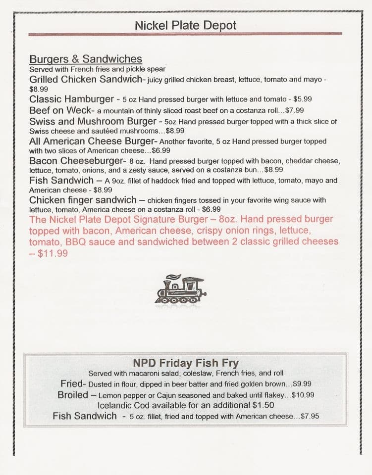Menu at Nickel Plate Depot pub & bar, Brocton