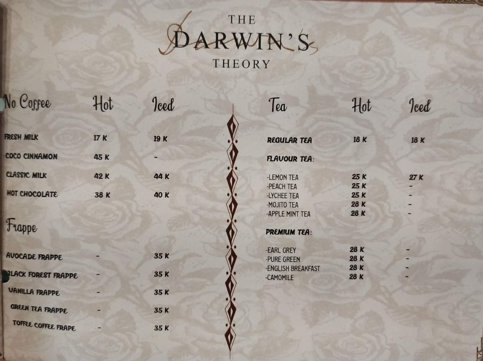 Menu at The Darwin's Theory restaurant, North Jakarta