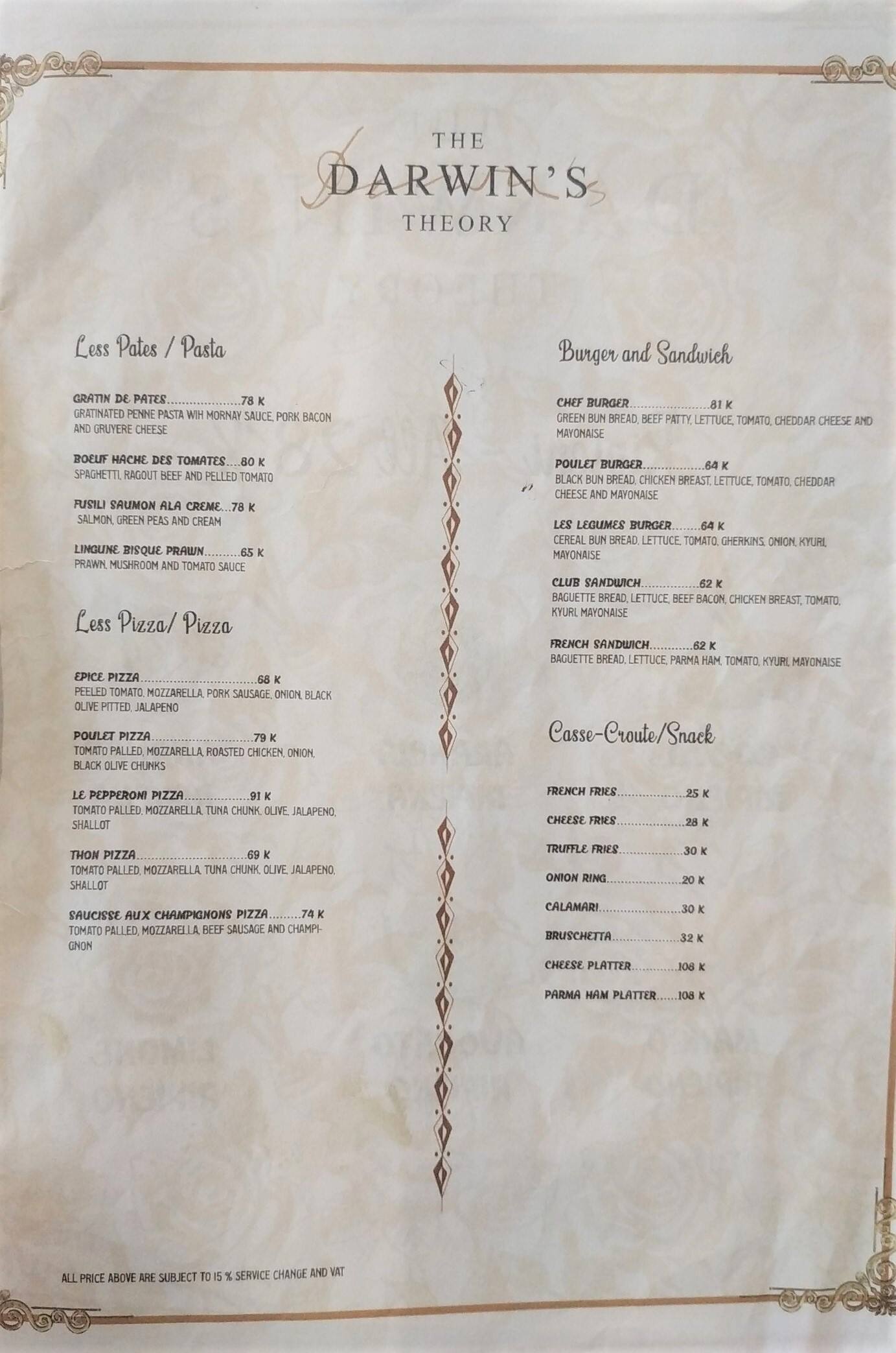 Menu at The Darwin's Theory restaurant, North Jakarta