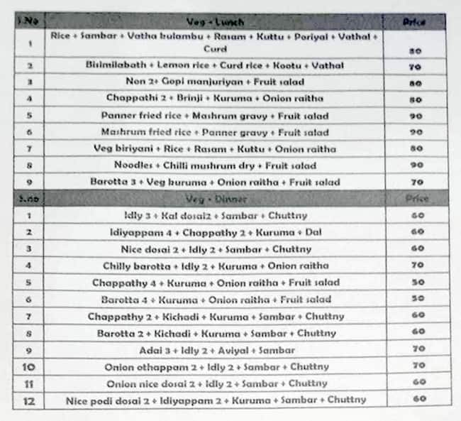 Menu of Veedu Foods, Taramani, Chennai