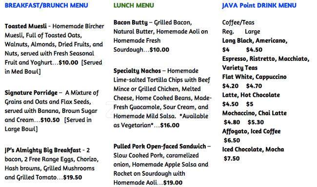 Menu at Java Point cafe, Lower Hutt