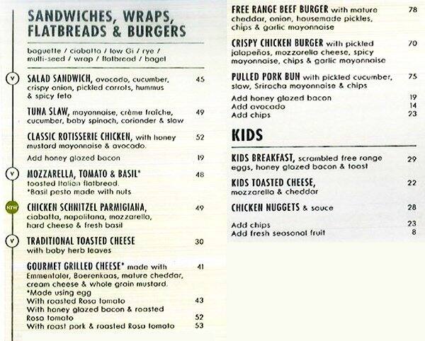 Woolworths Cafe menu