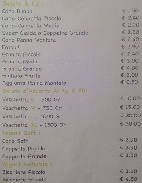 Menu di Gelateria YeS 