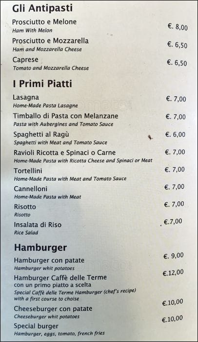 Menu di Caffè delle Terme 