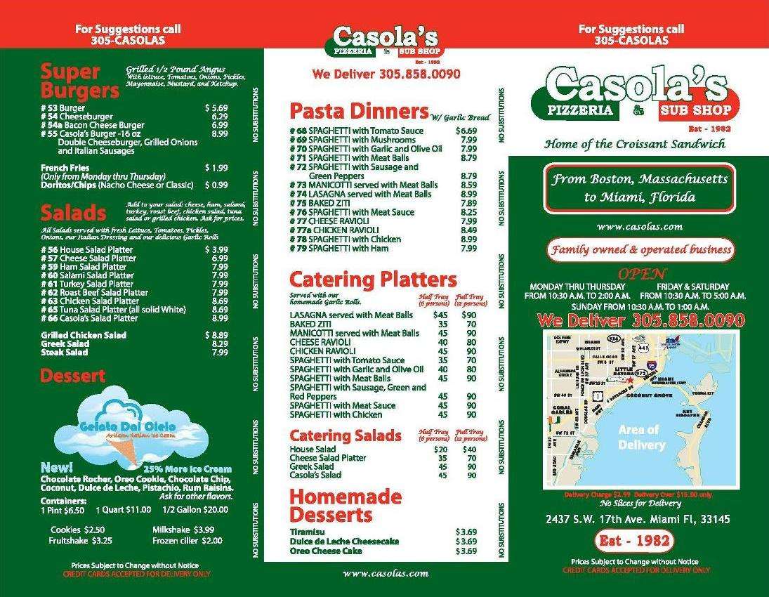 Casola's Pizzeria & Sub Shop Menu Urbanspoon/Zomato