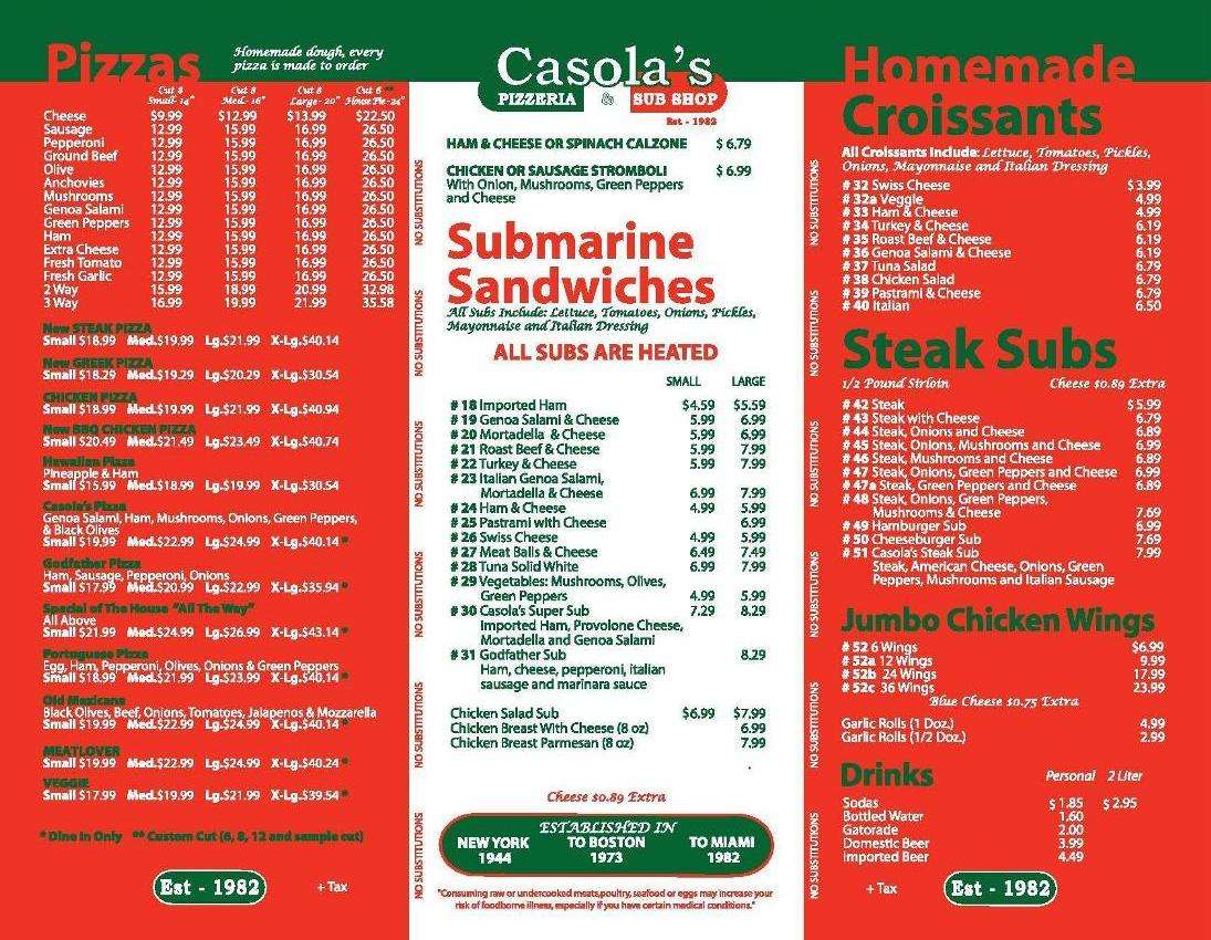 Menu at Casola's Pizzeria & Sub Shop, Miami