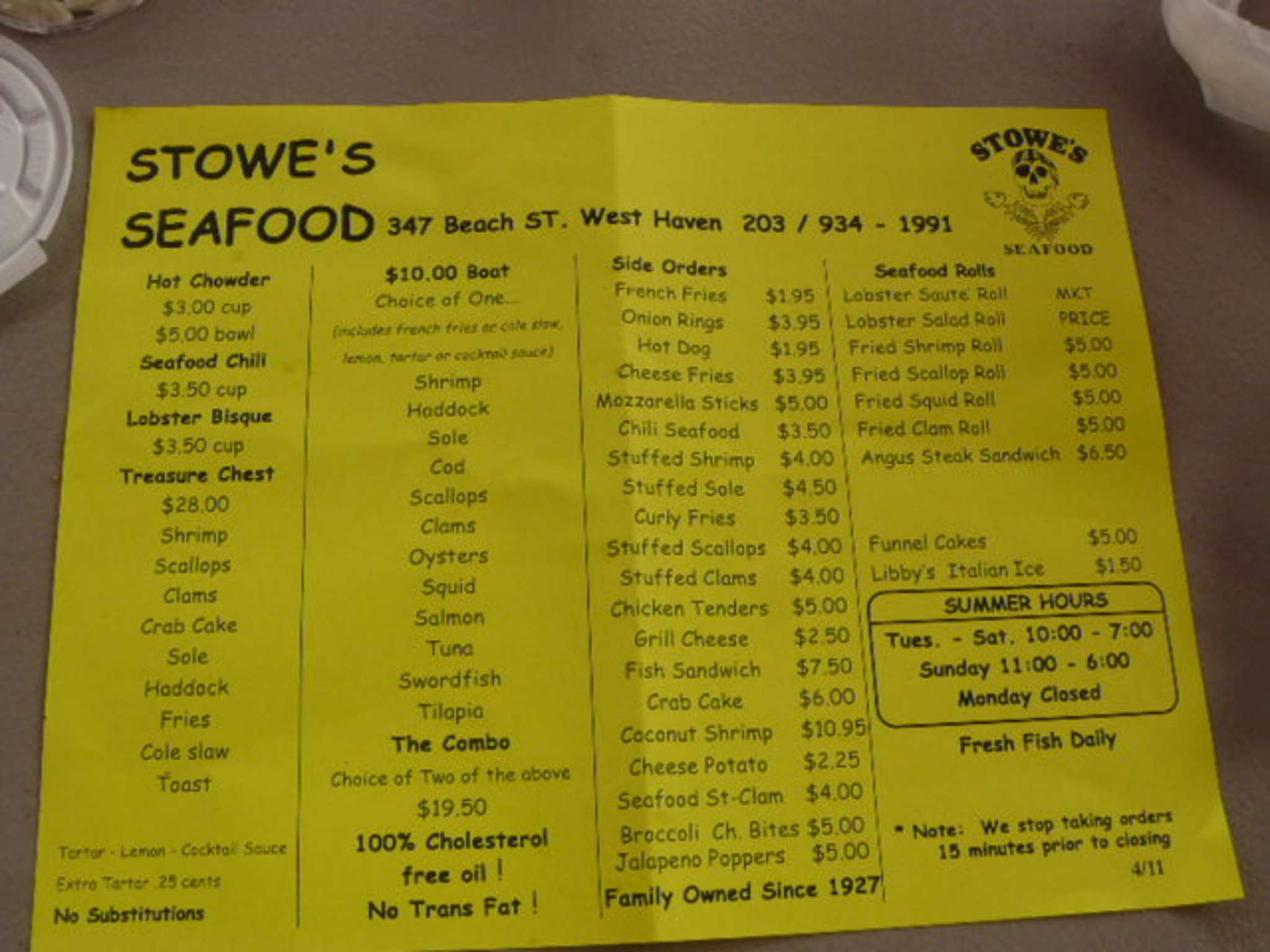 Stowe's Seafood Menu, Menu for Stowe's Seafood, West Haven, New Haven
