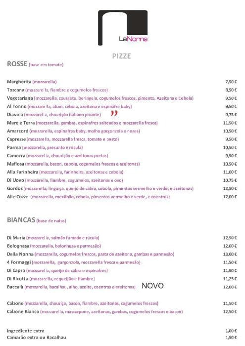Menu for La Nonna, Barreiro Centro 