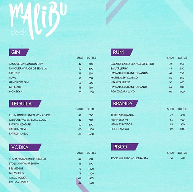 Menu at Malibu Deck Pool Bar, Dubai