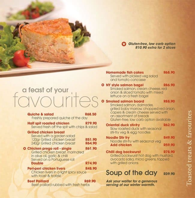 Menu at Fournos Bakery, Pretoria
