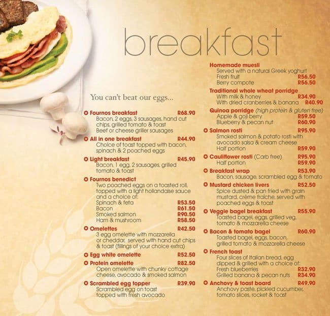 Menu at Fournos Bakery, Pretoria
